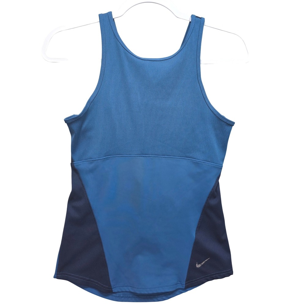 Nike Yoga Dri Fit Tank Top Womens S Ribbed Open Back Cutout Blue Gym Workout Run